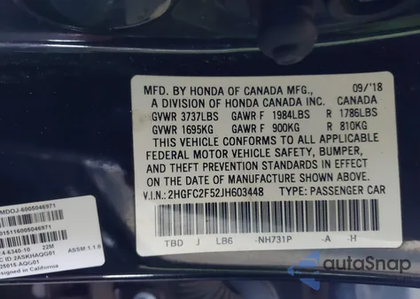 2018 Honda Civic Lx from USA, damaged, VIN 2HGFC2F52JH603448